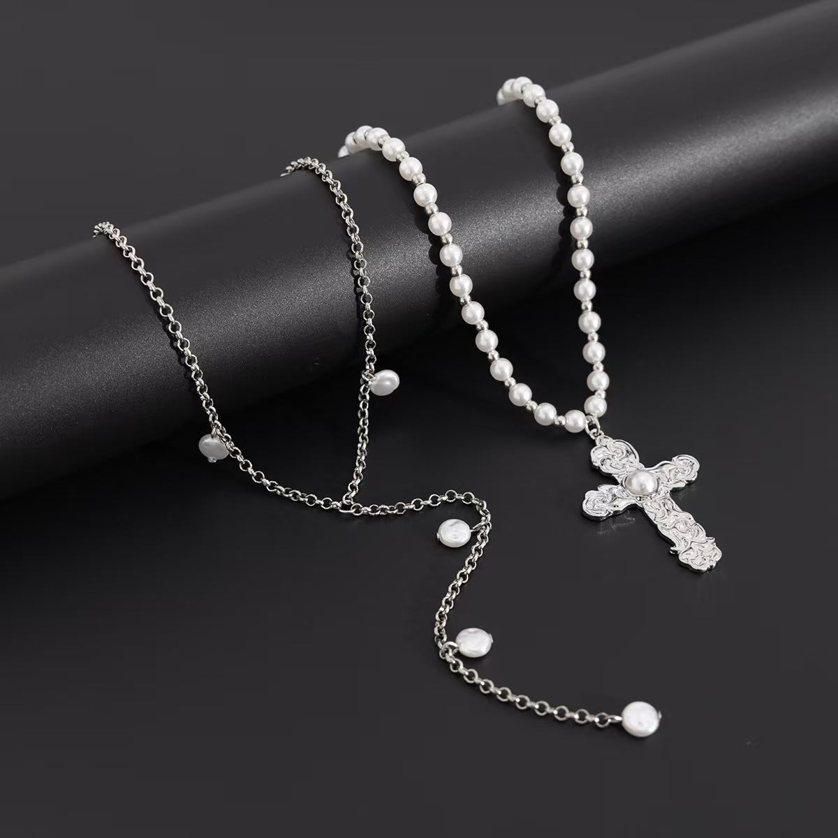 Vintage Layered Pearl Cross Necklace