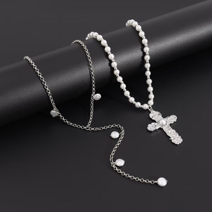 Vintage Layered Pearl Cross Necklace