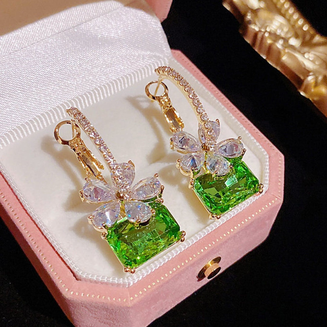 S925 Sterling Silver Rectangle Gemstone Floral Diamond Drop Earrings