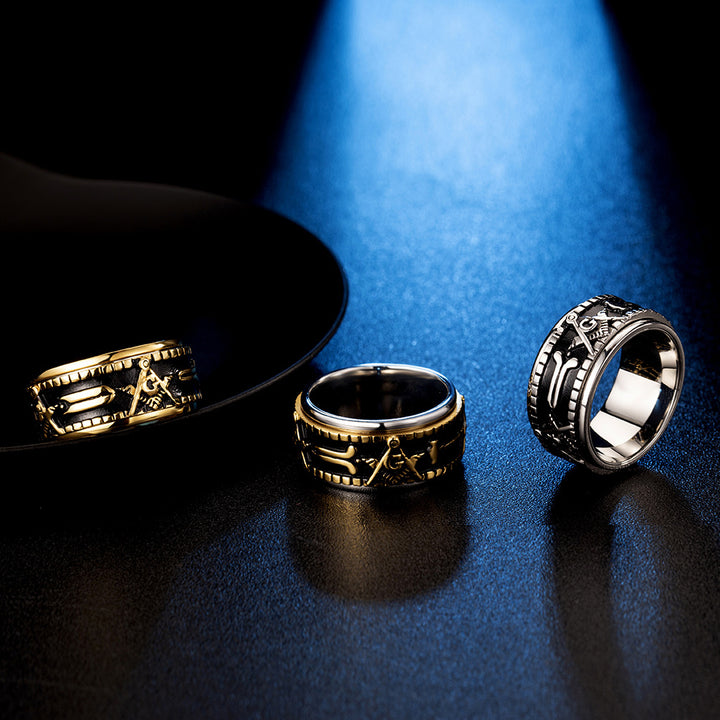 Vintage Freemason Rotatable Spinner Ring, Titanium Steel