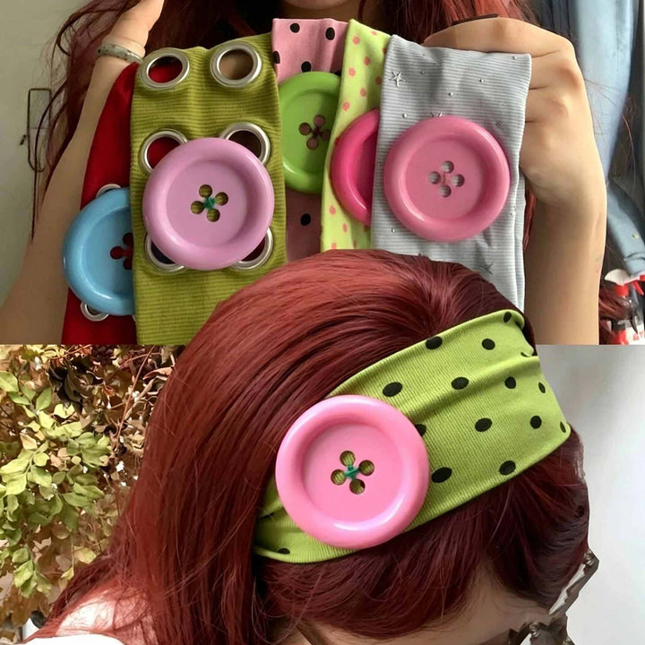 Vintage Polka Dot Button Headband Retro Cute Elastic Hair Accessory for Women & Girls