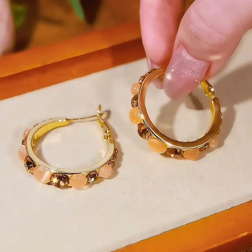 Huggie Hoop Earrings with Cat's Eye & Crystal Accents