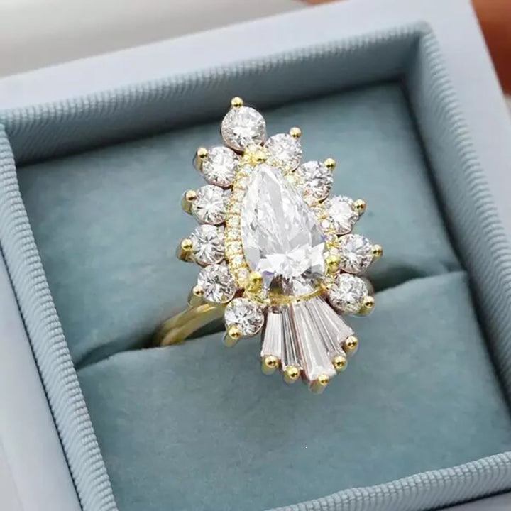 Pear Cut Diamond Statement Ring with Fan Tapered Baguette Accents