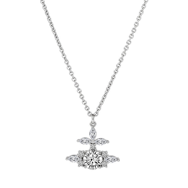 Diamond-Encrusted Saturn Pendant Necklace, Minimalist Collarbone Chain