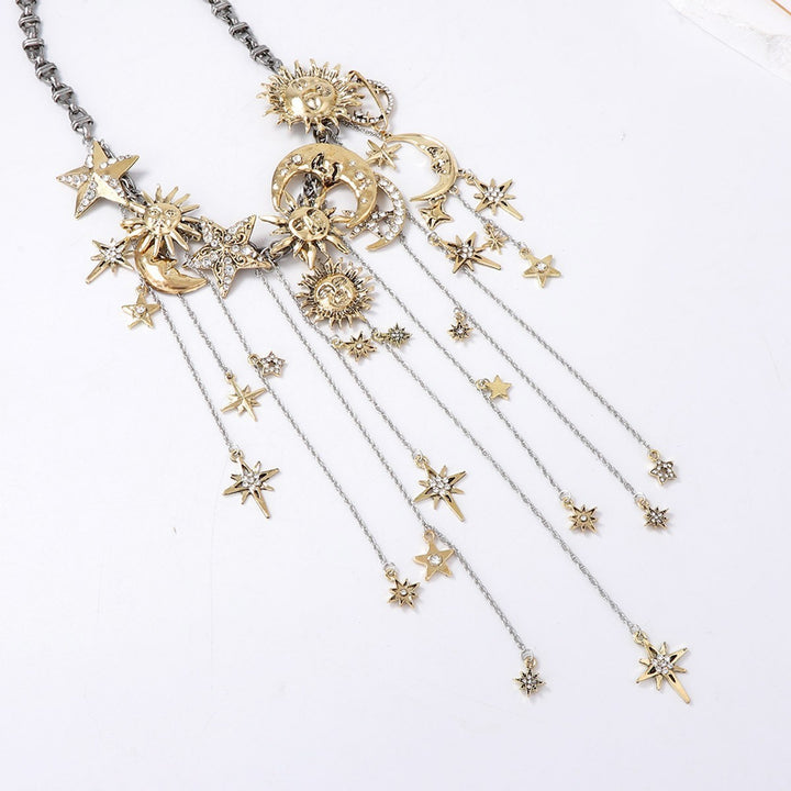 Celestial Sun Moon Star Fringe Necklace Two-Tone Crystal Statement Jewelry for Women
