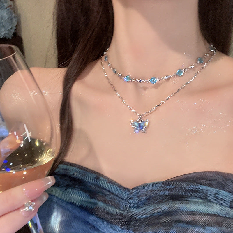 S925 Silver Blue Butterfly & Gemstone Jewelry Set Layered Necklace & Anklet for Women