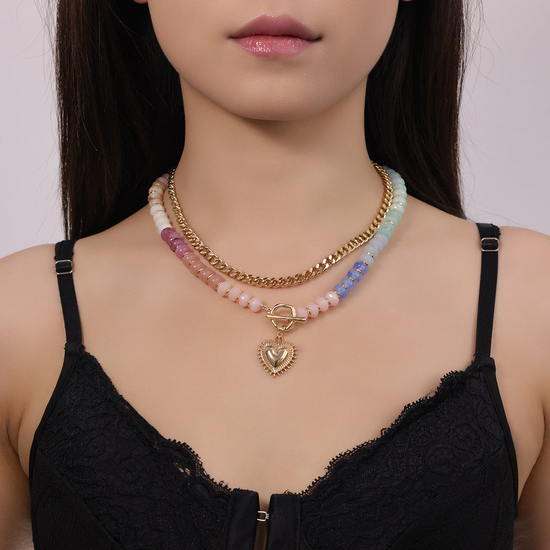 Colorful Beaded Double Layer Heart Pendant Choker Necklace Boho OT Clasp Collar for Women