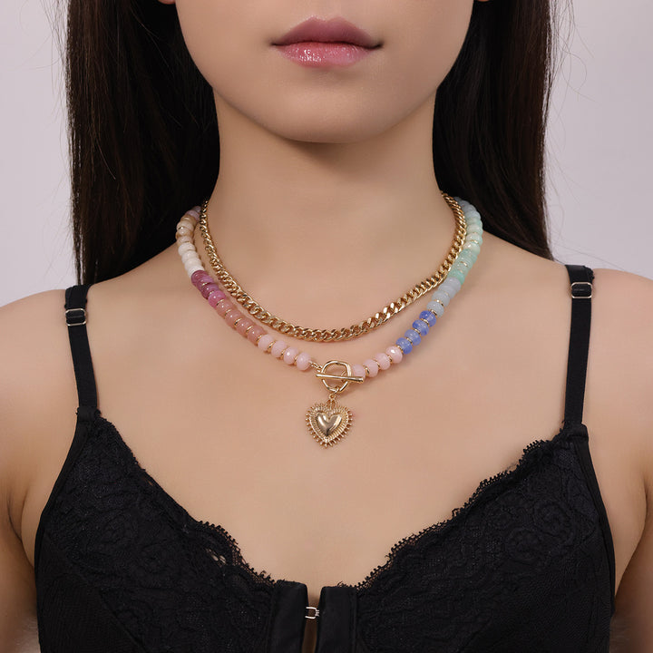 Colorful Beaded Double Layer Heart Pendant Choker Necklace Boho OT Clasp Collar for Women