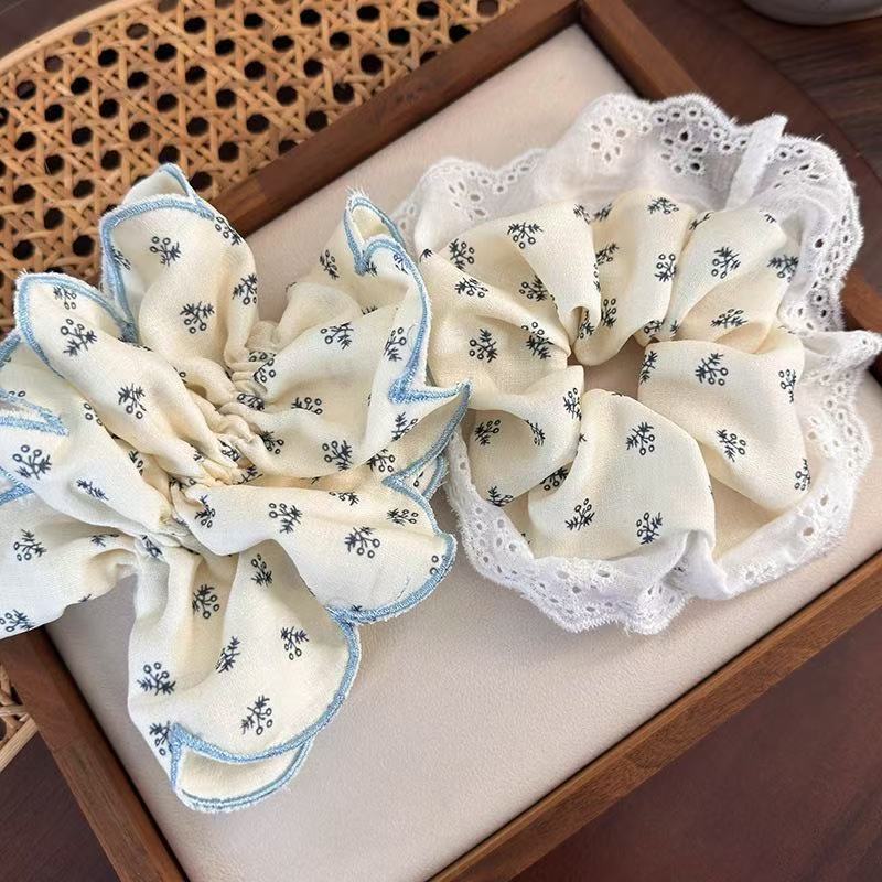 Cream Floral Lace Scrunchie Set Blue Trim Hair Ties