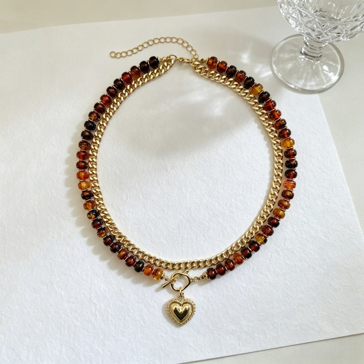 Colorful Beaded Double Layer Heart Pendant Choker Necklace Boho OT Clasp Collar for Women