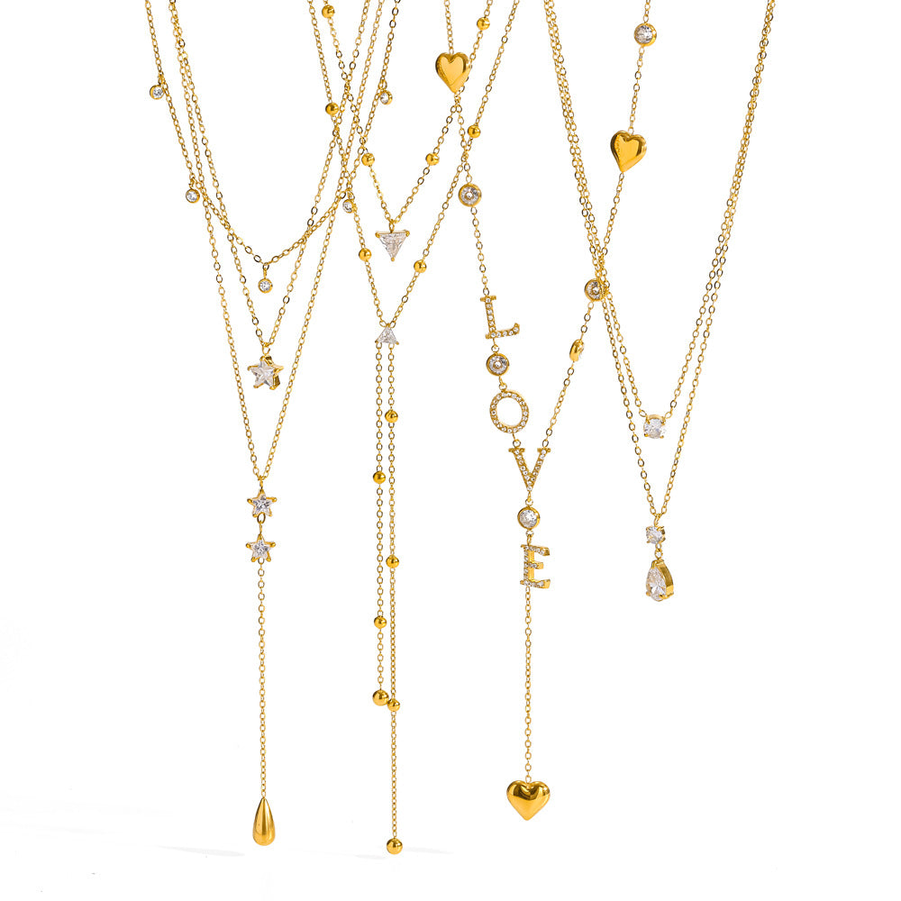 Diamond Layered Y Necklace Heart Star LOVE Jewelry