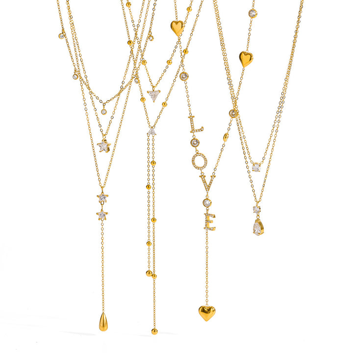 Diamond Layered Y Necklace Heart Star LOVE Jewelry