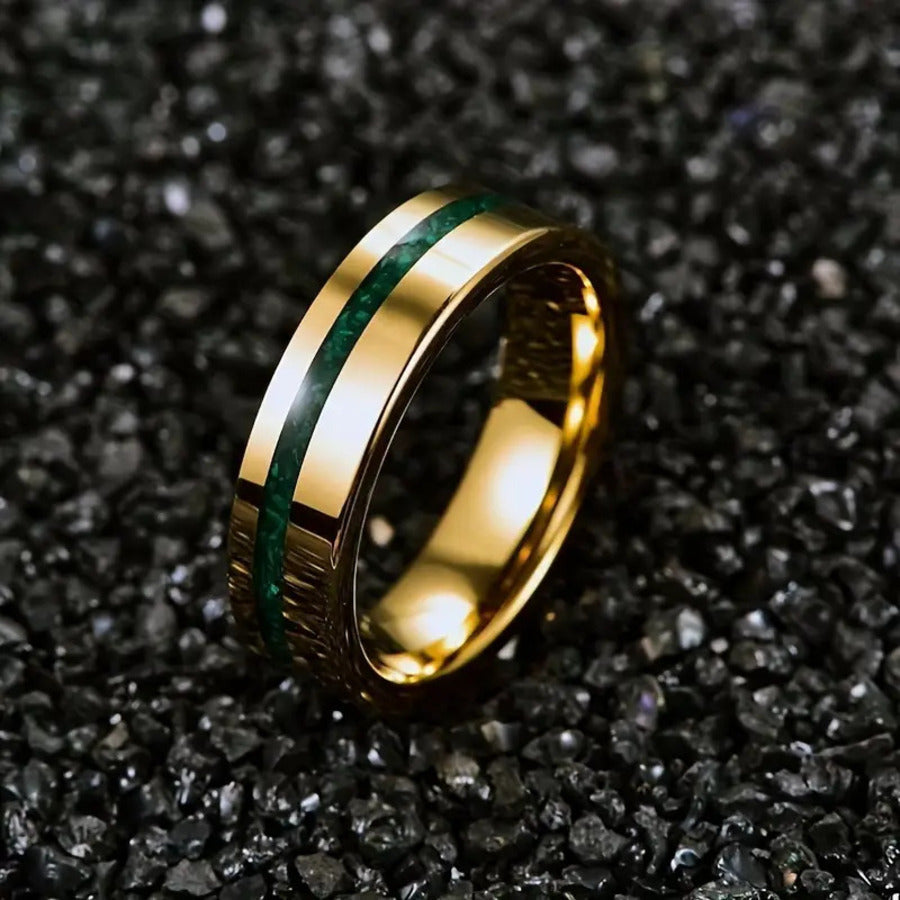 Green Inlay Titanium Steel Ring / Meteorite Pattern Titanium Steel Ring