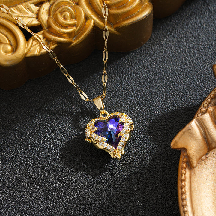 Heart of the Ocean Gemstone Pendant Necklace Romantic Winged Jewelry