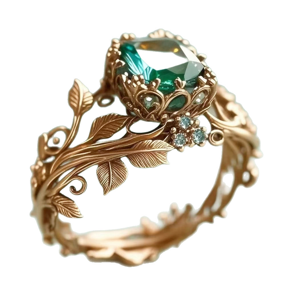 Vintage Leaf Vine Emerald Ring