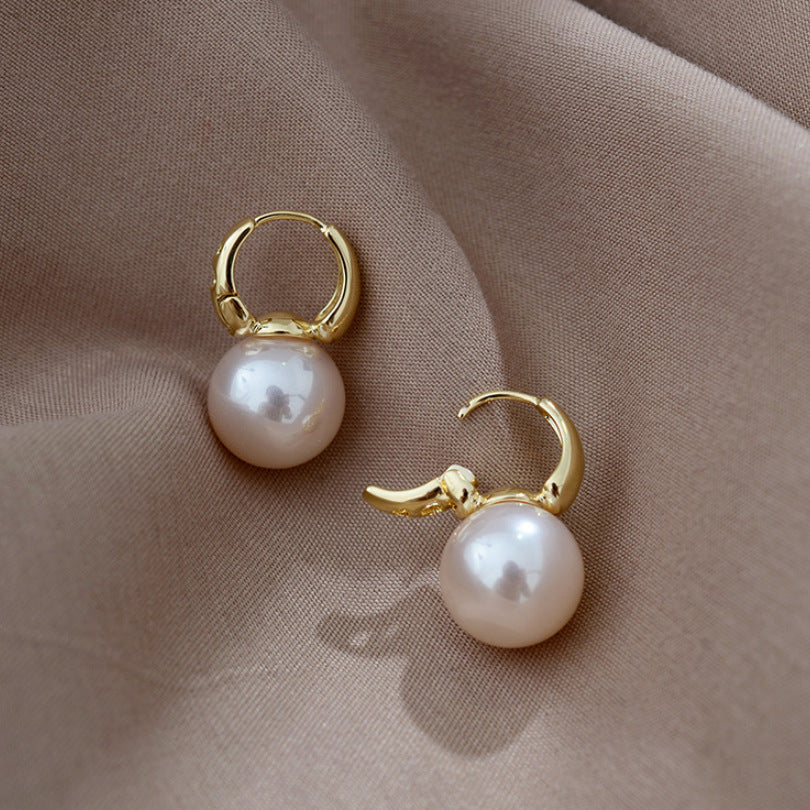 Minimalist Round Pearl Huggie Earrings Sterling Silver