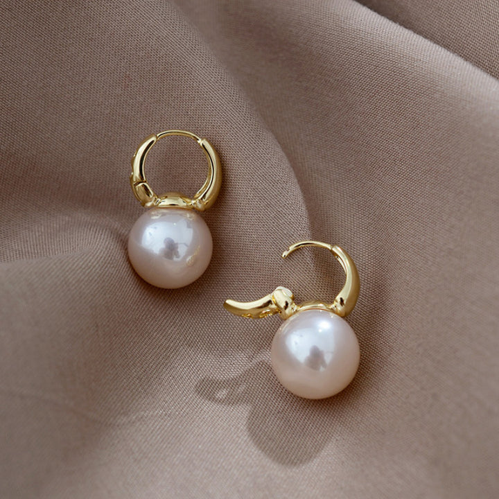 Minimalist Round Pearl Huggie Earrings Sterling Silver