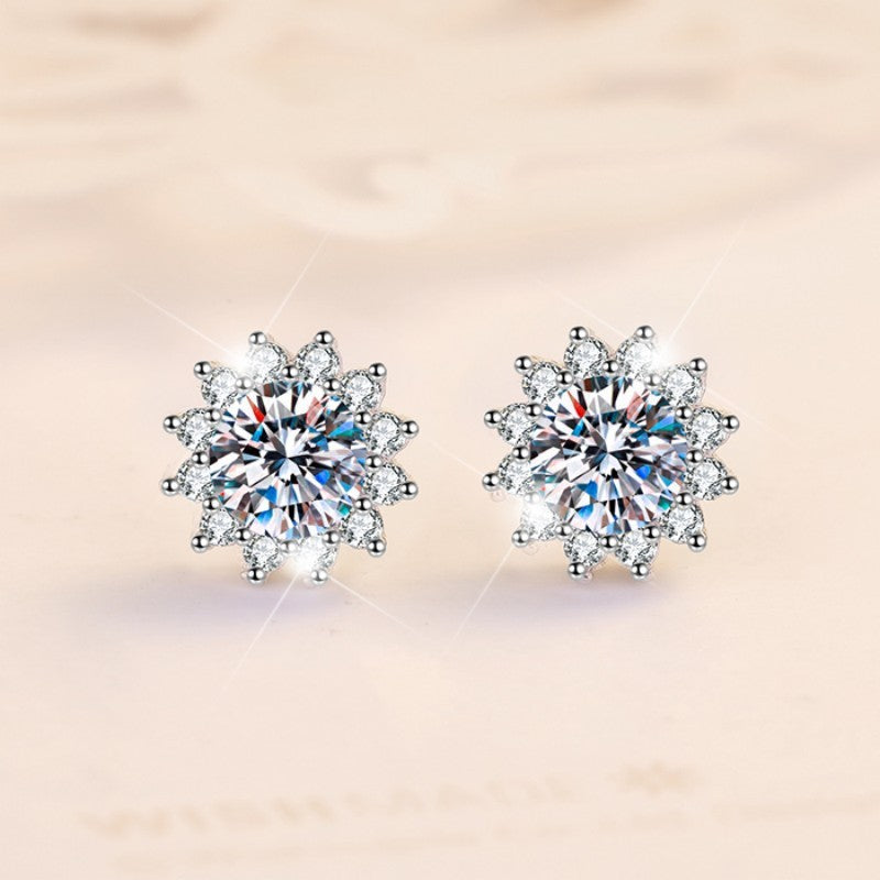 Sunflower Halo Diamond Stud Earrings (S925 Sterling Silver)