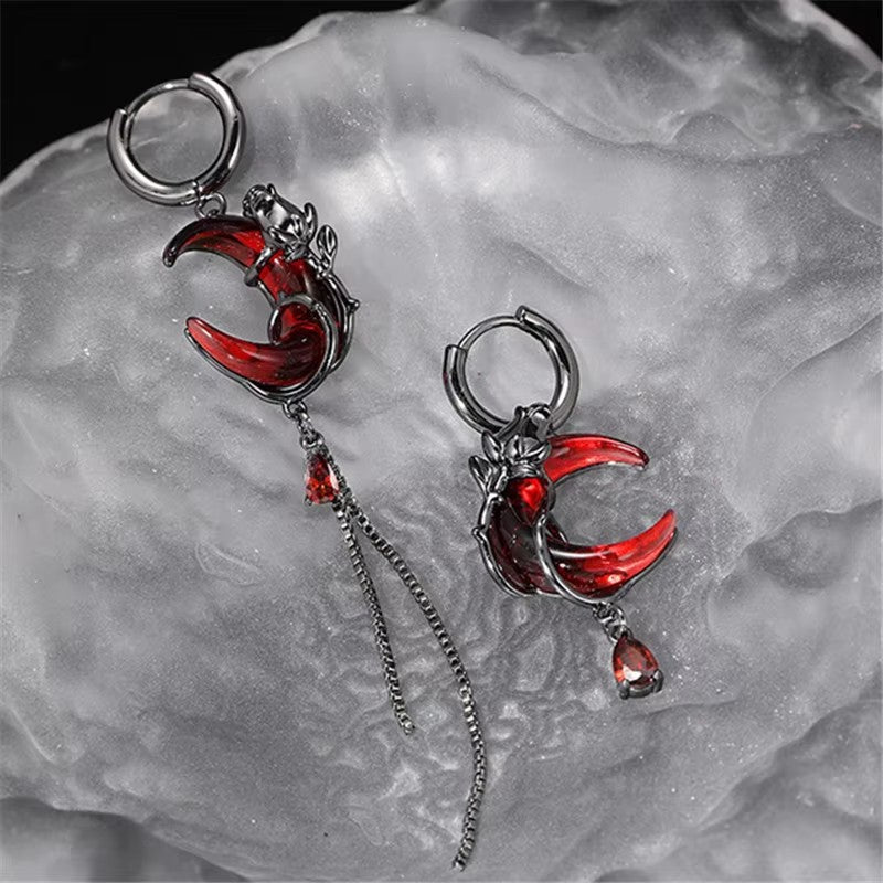 Gothic Red Moon Rose Drop Earrings S925 Sterling Silver Asymmetrical Tassel Earrings