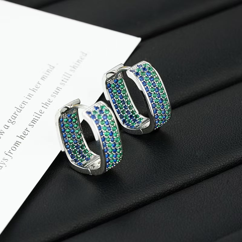 Sterling Silver U-Shape Hoop Earrings Pave Crystal Ear Cuffs