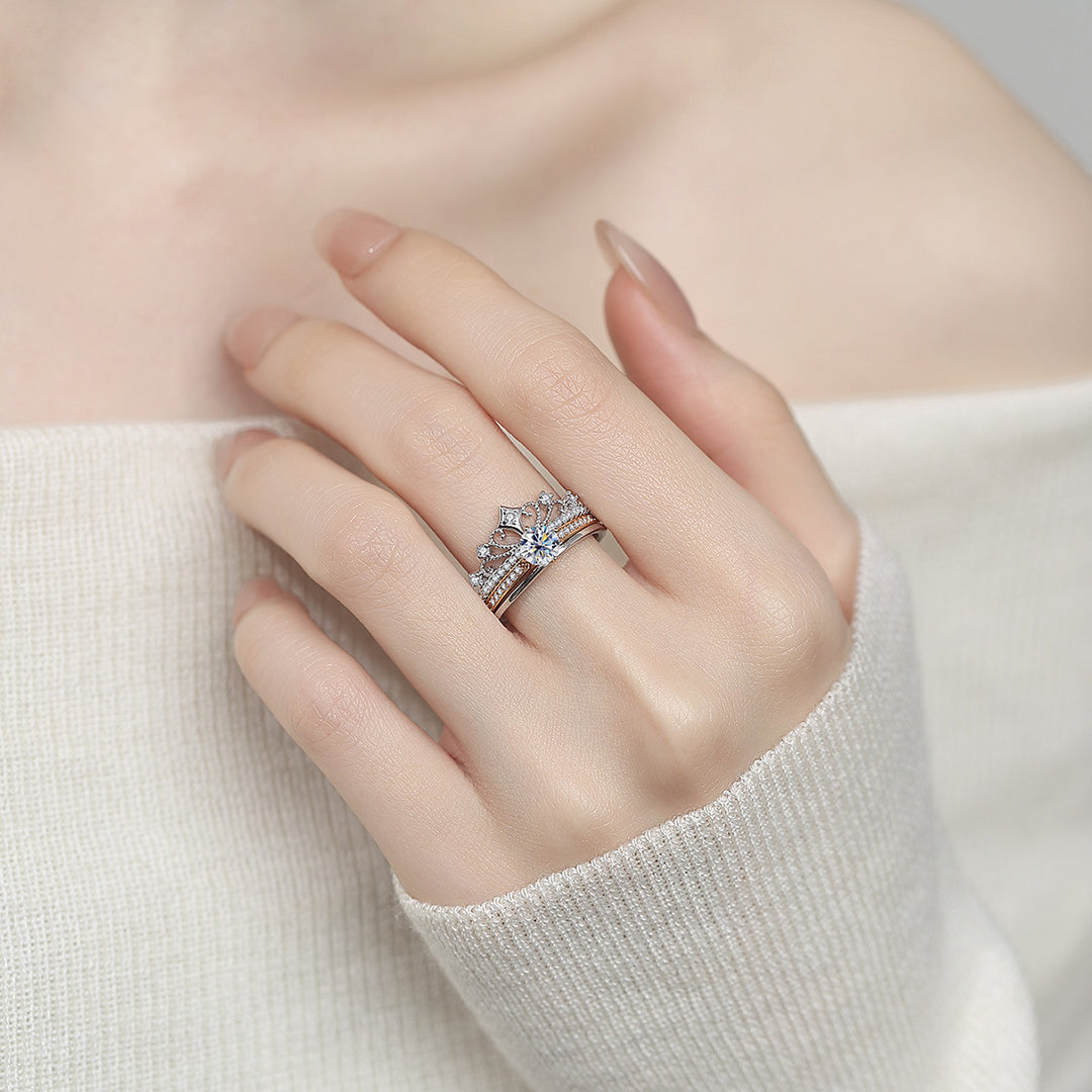 Two-Tone Castle Firework Stackable Ring Lace Hollow Double Layer Engagement Wedding Ring Set For Women