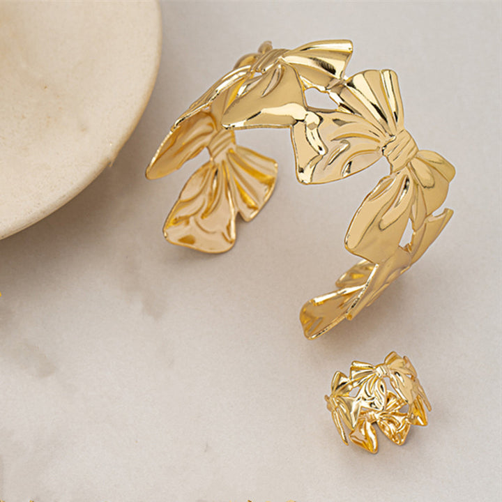 Bow Link Open Cuff Bracelet & Ring