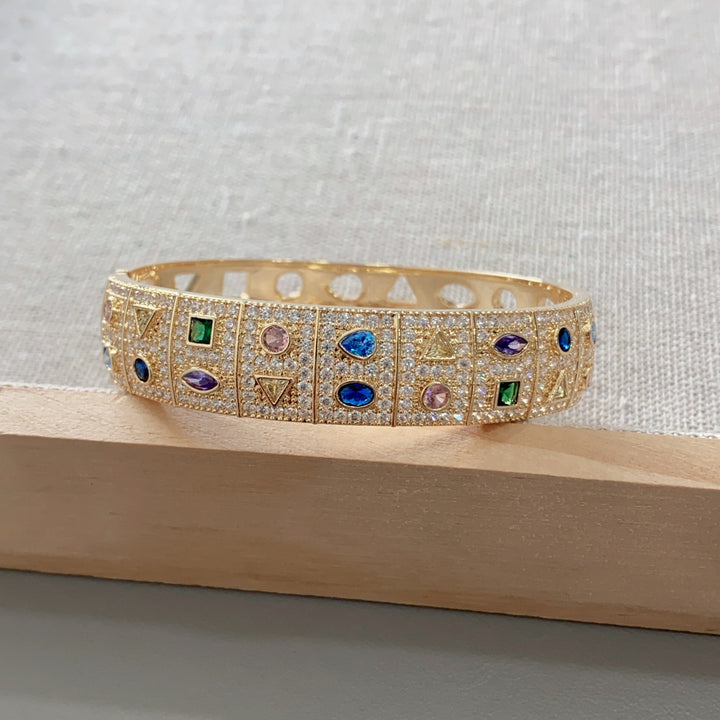 Colorful Geometric Full Pavé Wide Open Cuff Bracelet Luxury Crystal Bangle