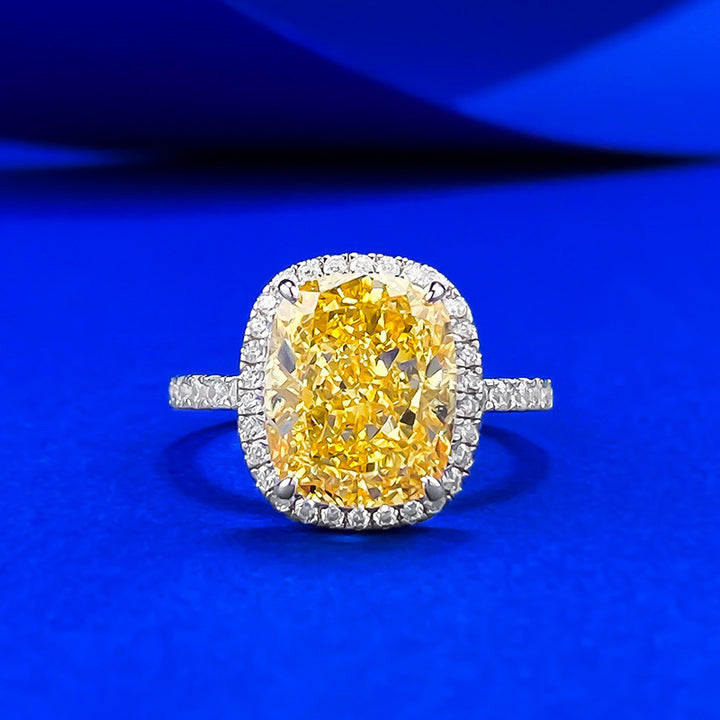 Cushion Cut Yellow Diamond Halo Ring with Paved Band