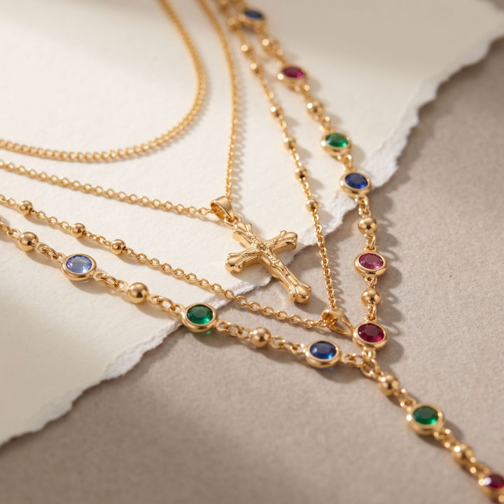 Minimalist Cross Layered Necklace Set with Colorful Gems