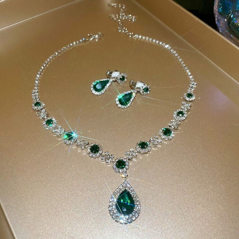 Teardrop Gemstone Jewelry Set Crystal Necklace and Earrings for Women