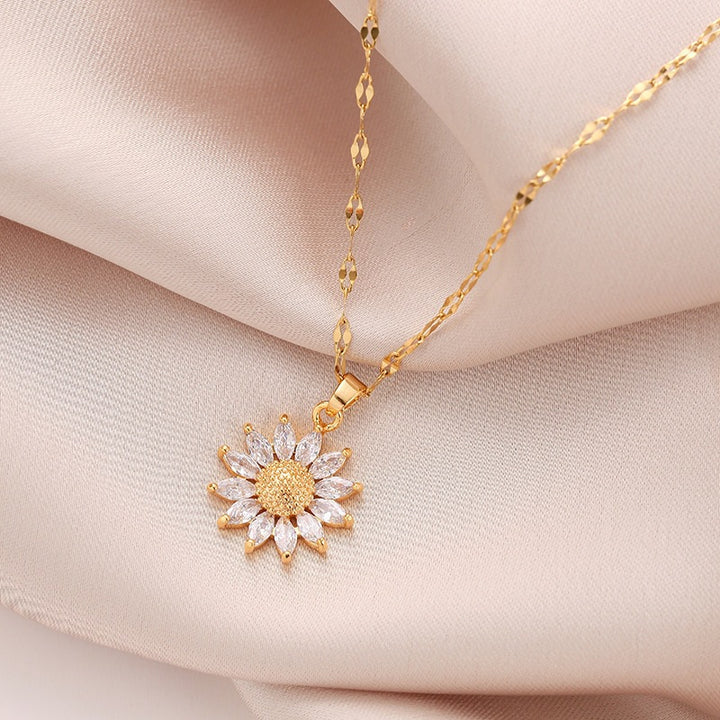 Sunflower Diamond Pendant Necklace 925 Sterling Silver Minimalist Floral Jewelry
