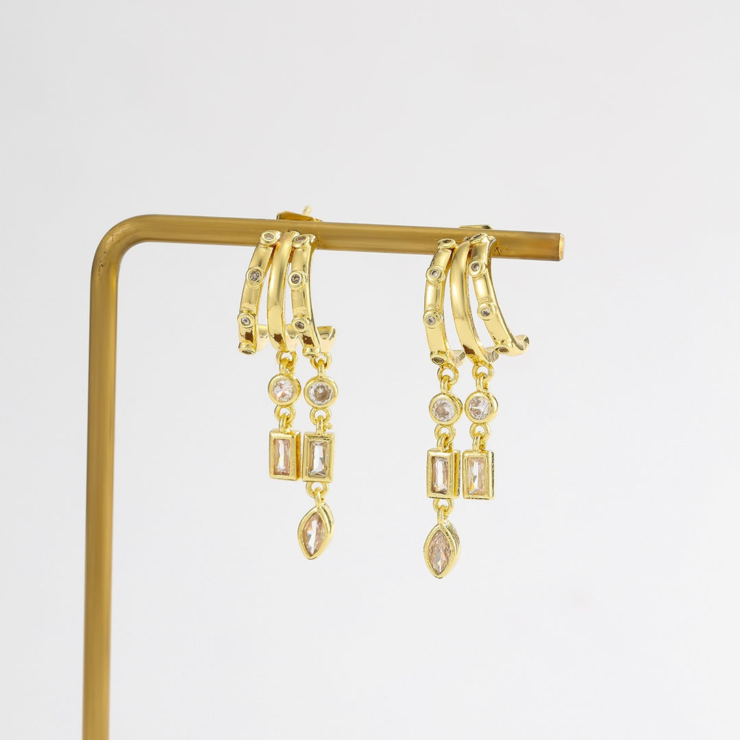 Layered C-Shaped Drop Earrings - Geometric Diamond Chandelier Earrings for Women