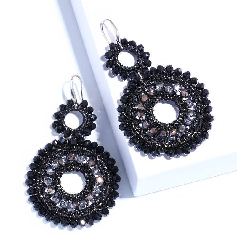 Boho Double Circle Beaded Drop Earrings Colorful Handwoven Statement Earrings for Women