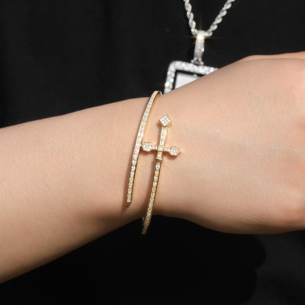 Minimalist Cross Cubic Diamond Open Bangle Bracelet