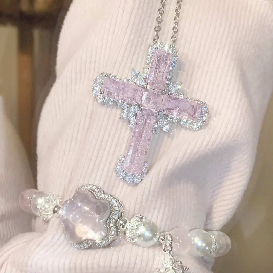 Sweet Pink Crystal Cross Necklace