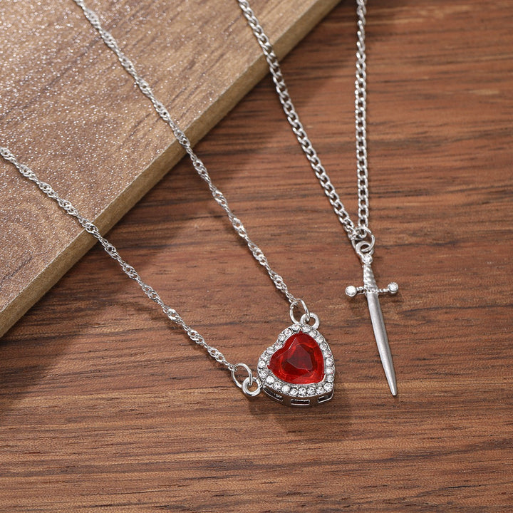 Layered Sword &amp; Heart Necklace Ruby Red Gemstone Pendant for Women
