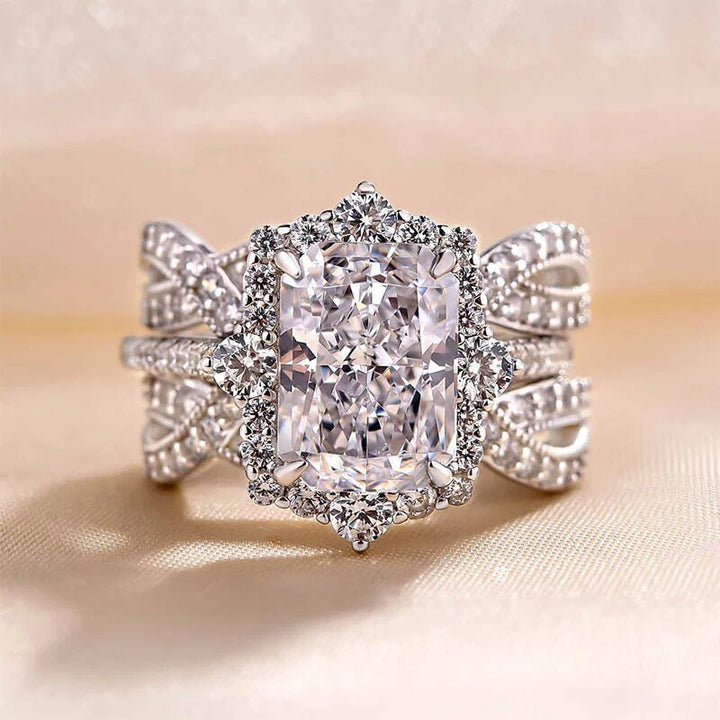 S925 Sterling Silver Radiant Cut Diamond Two Piece Bridal Ring Set For Women