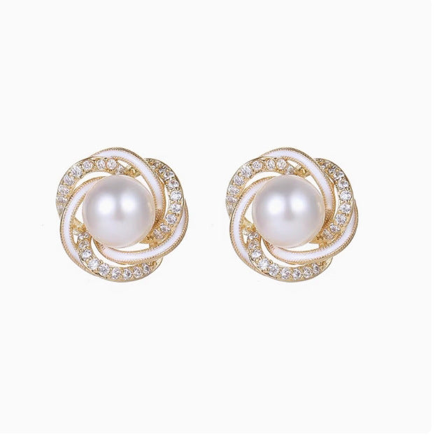 14K Gold Plated Spiral Natural Pearl Diamond Stud Earrings With S925 Sterling Silver Posts