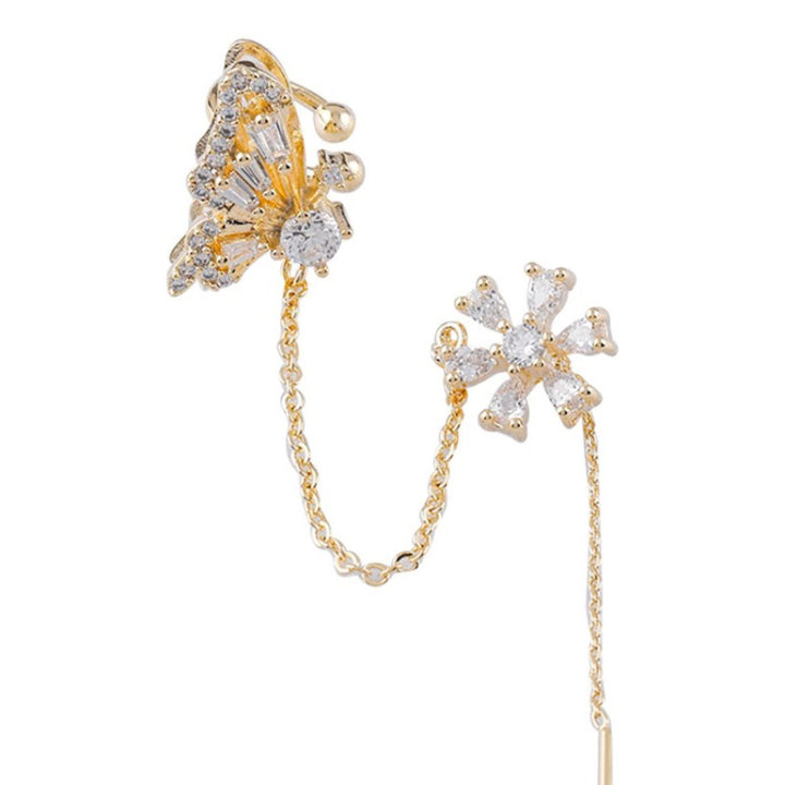 Minimalist Butterfly & Flower Chain Earring S925 Sterling Silver Diamond Dangle Jewelry