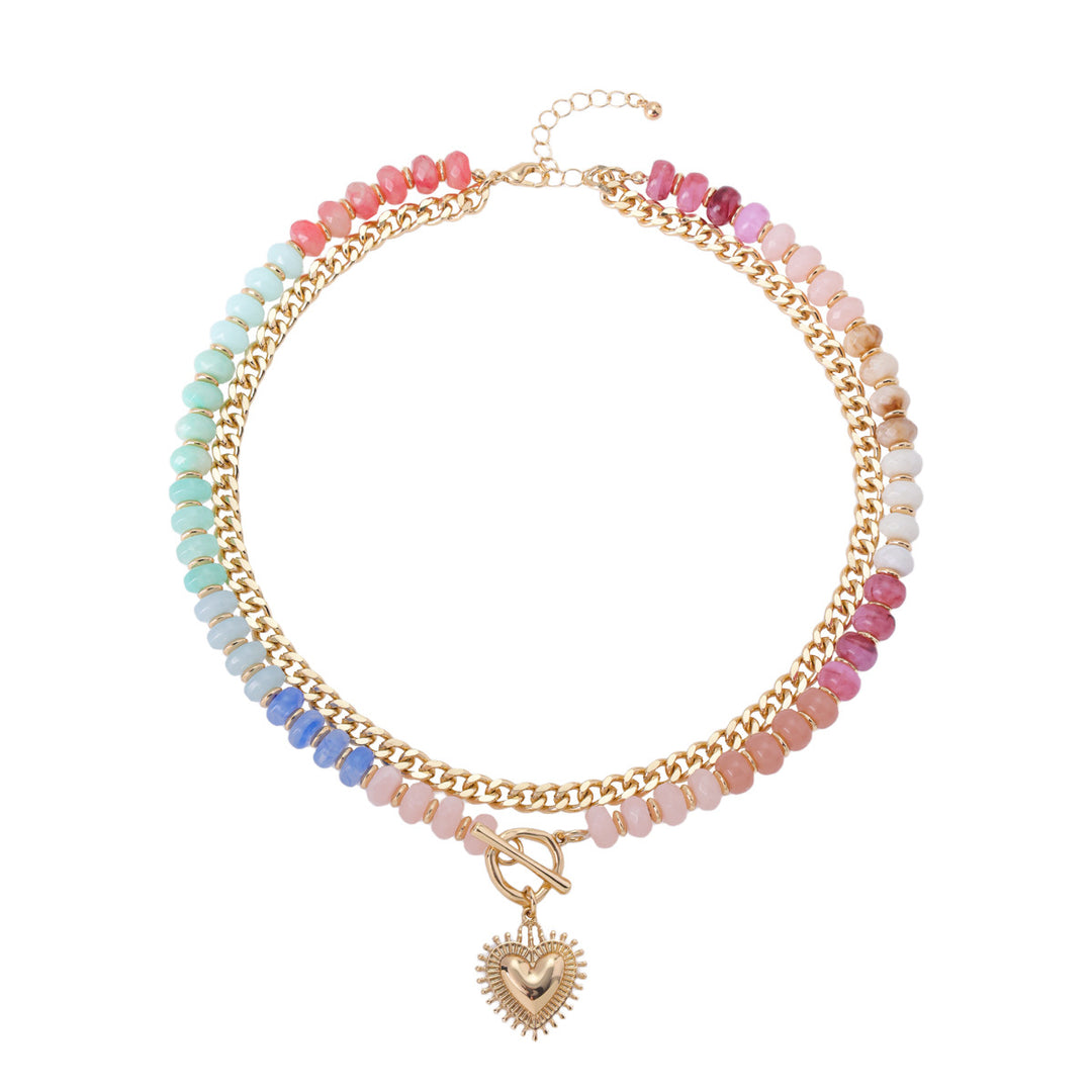 Colorful Beaded Double Layer Heart Pendant Choker Necklace Boho OT Clasp Collar for Women