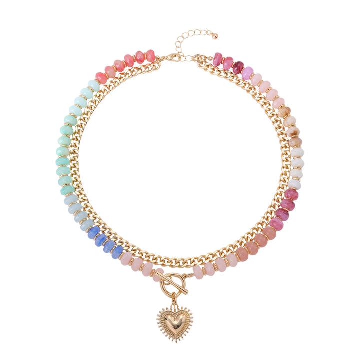 Colorful Beaded Double Layer Heart Pendant Choker Necklace Boho OT Clasp Collar for Women
