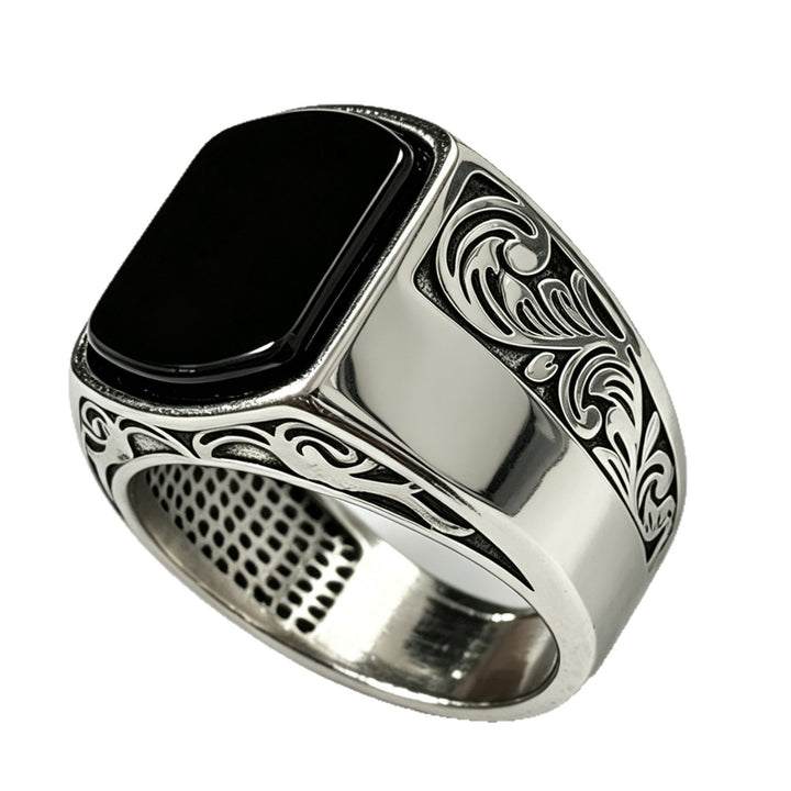 Vintage Black Onyx Signet Ring Men's Engraved Filigree Statement Band
