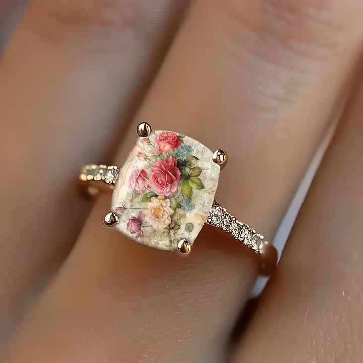 Vintage Rose Floral Cushion Cut Ring