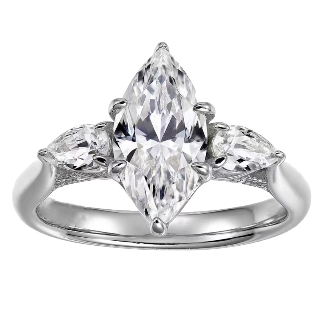 Marquise Cut Three-Stone Diamond Ring with 925 Sterling Silver