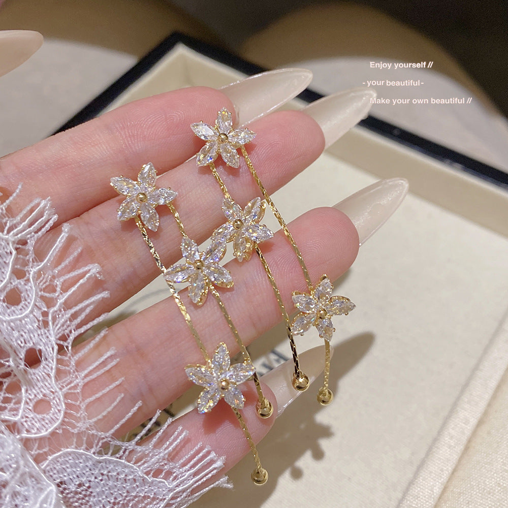 S925 Sterling Silver Flower Drop Earrings Asymmetric Diamond Dangle Earrings for Women