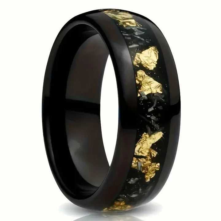 Black Ceramic & Gold Foil Inlay Titanium Steel Ring (Modern Luxury Minimalist Style)