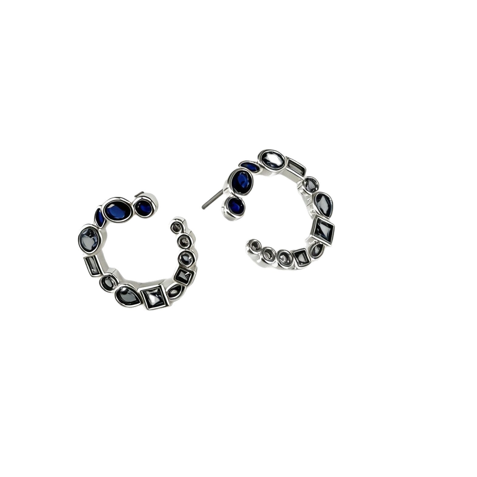 Blue Gemstone C-Shaped Hoop Earrings
