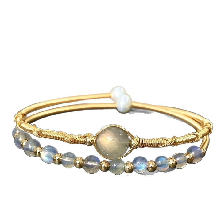 Sterling Silver Plated 14K Gold Hand Wire Wrapped Labradorite Stackable Bracelet Set