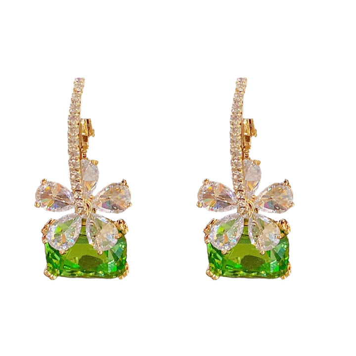 S925 Sterling Silver Rectangle Gemstone Floral Diamond Drop Earrings