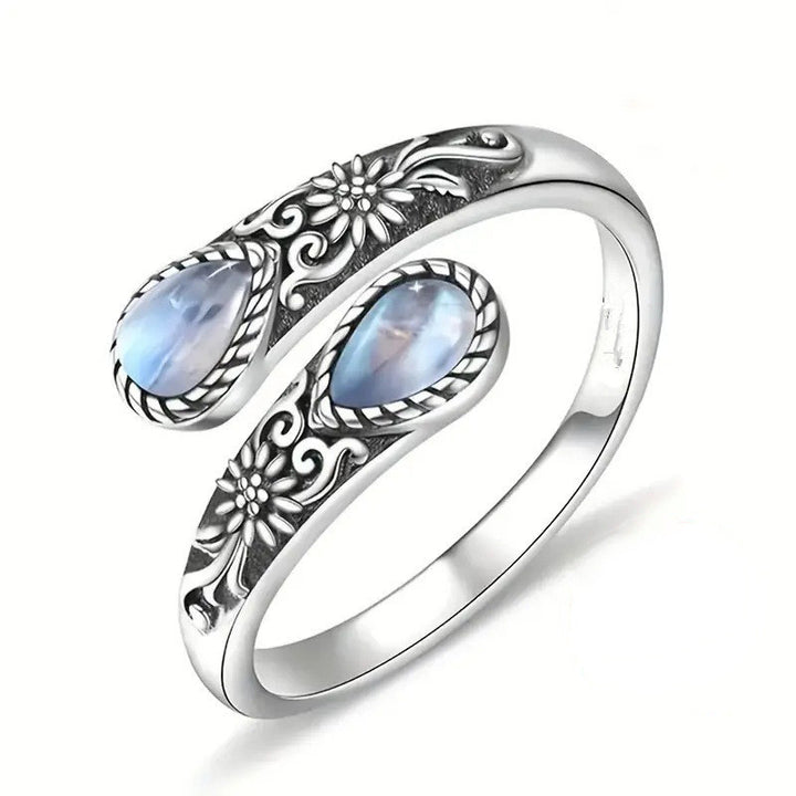 S925 Silver Two Stone Bypass Open Ring Moonstone Onyx Vintage Carved Adjustable Ring